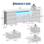 Meuble TV commode de 70 pouces pour téléviseurs de 65, 75, 80 pouces, grande commode de 13 tiroirs en tissu avec prises de courant et lumières LED pour chambre à coucher