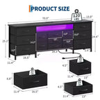 Meuble TV commode de 70 pouces pour téléviseurs de 65, 75, 80 pouces, grande commode de 13 tiroirs en tissu avec prises de courant et lumières LED pour chambre à coucher