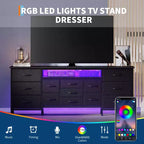 Meuble TV commode de 70 pouces pour téléviseurs de 65, 75, 80 pouces, grande commode de 13 tiroirs en tissu avec prises de courant et lumières LED pour chambre à coucher