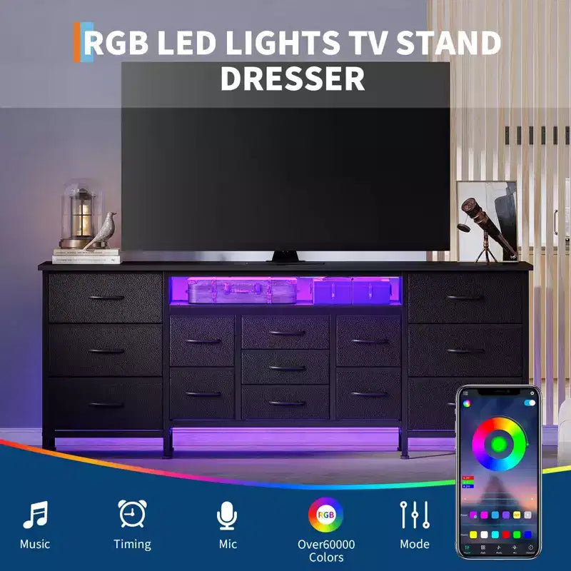 Meuble TV commode de 70 pouces pour téléviseurs de 65, 75, 80 pouces, grande commode de 13 tiroirs en tissu avec prises de courant et lumières LED pour chambre à coucher