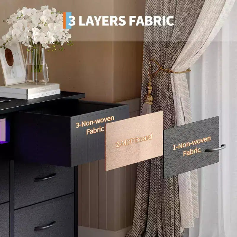 Meuble TV commode de 70 pouces pour téléviseurs de 65, 75, 80 pouces, grande commode de 13 tiroirs en tissu avec prises de courant et lumières LED pour chambre à coucher