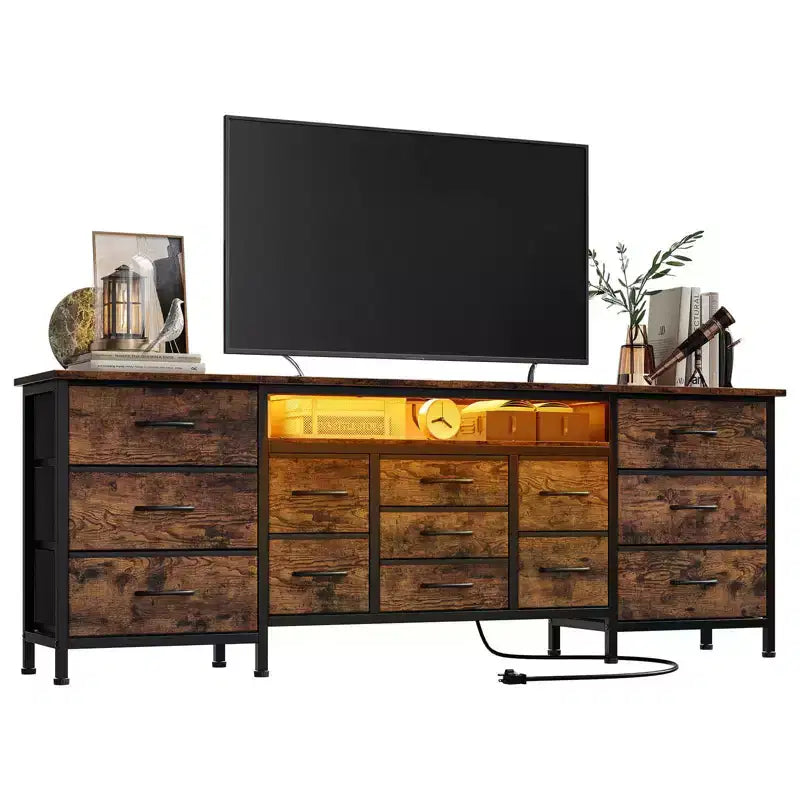 Meuble TV commode de 70 pouces pour téléviseurs de 65, 75, 80 pouces, grande commode de 13 tiroirs en tissu avec prises de courant et lumières LED pour chambre à coucher
