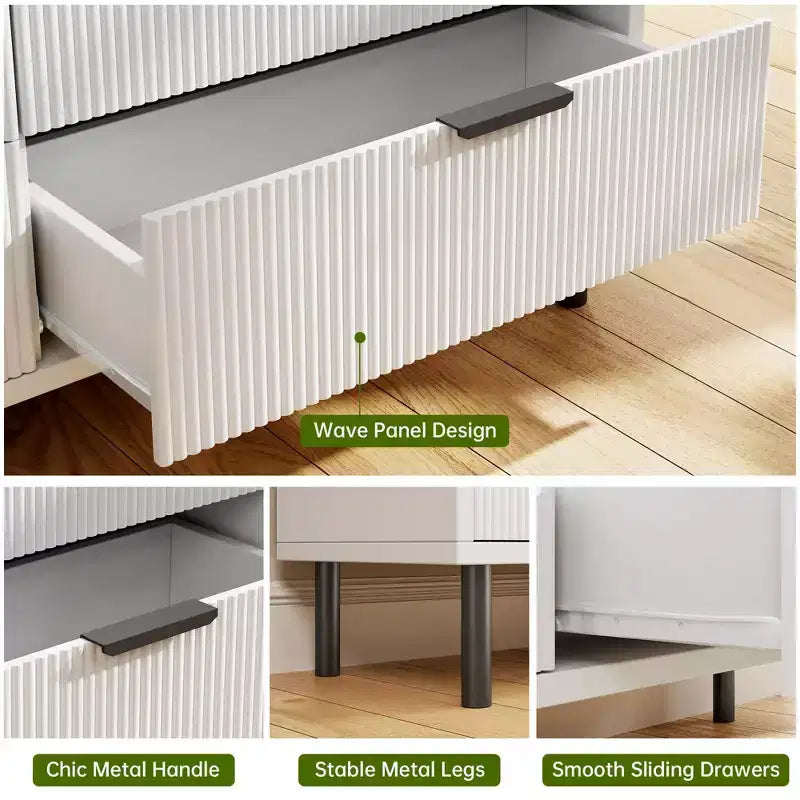 Commode Double 6 Tiroirs Cannelée avec Pieds et Poignées en Métal | Grande Commode en Bois Moderne, Design Anti-Basculement pour Chambre, Salon et Couloir