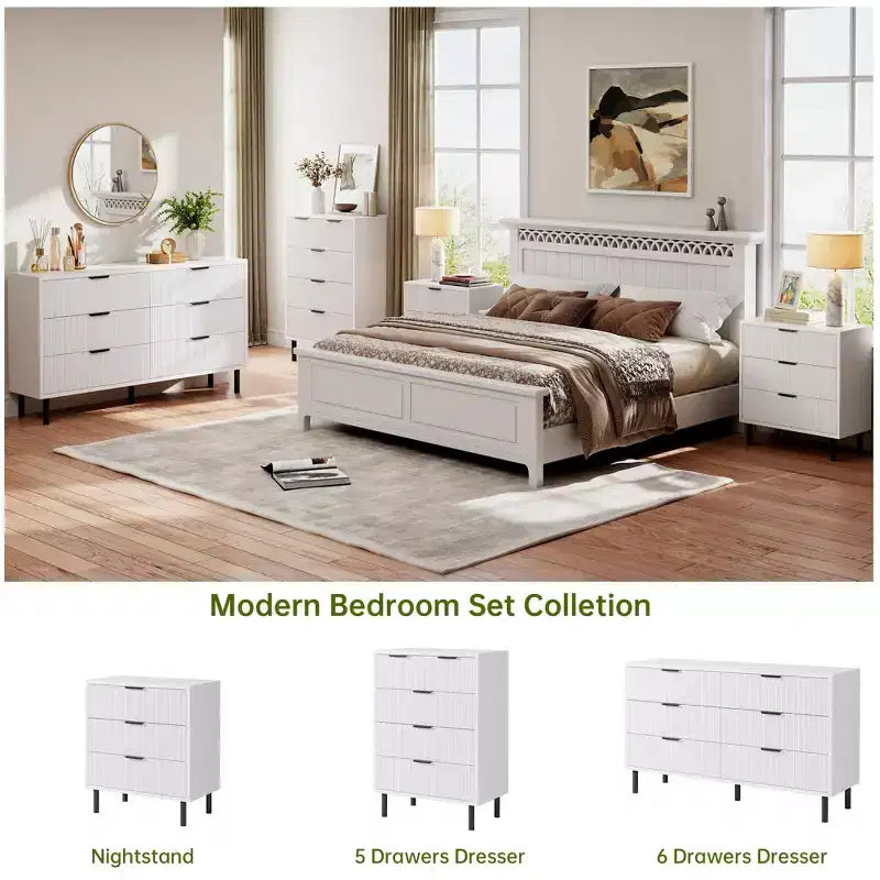 Commode Double 6 Tiroirs Cannelée avec Pieds et Poignées en Métal | Grande Commode en Bois Moderne, Design Anti-Basculement pour Chambre, Salon et Couloir