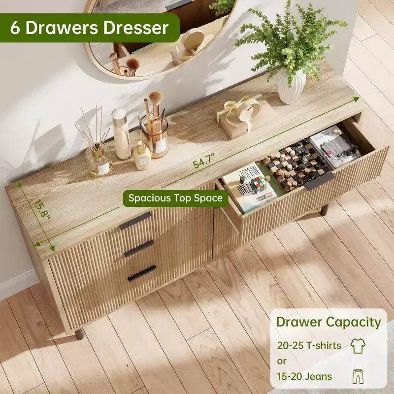 Commode Double 6 Tiroirs Cannelée avec Pieds et Poignées en Métal | Grande Commode en Bois Moderne, Design Anti-Basculement pour Chambre, Salon et Couloir
