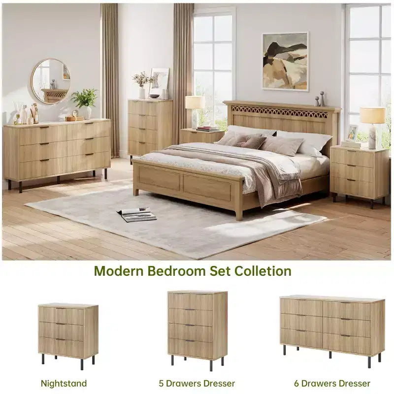 Commode Double 6 Tiroirs Cannelée avec Pieds et Poignées en Métal | Grande Commode en Bois Moderne, Design Anti-Basculement pour Chambre, Salon et Couloir