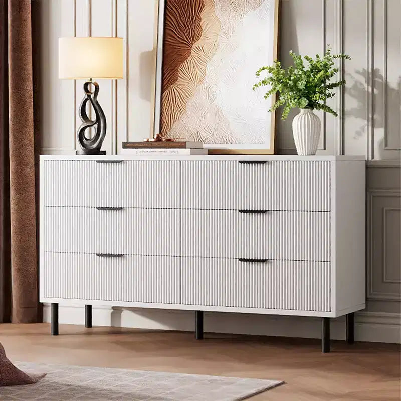 Commode Double 6 Tiroirs Cannelée avec Pieds et Poignées en Métal | Grande Commode en Bois Moderne, Design Anti-Basculement pour Chambre, Salon et Couloir
