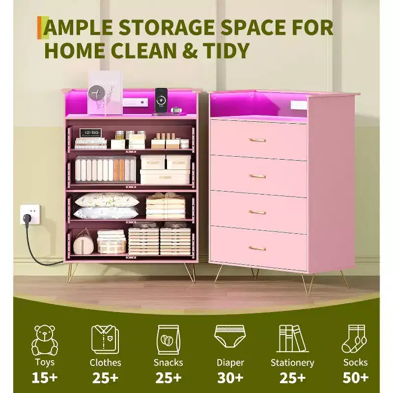 Commode en bois à 4 tiroirs intelligente avec lumières LED et station de charge | Meuble de rangement contrôlé par application avec ports USB/prises CA pour chambre, salon