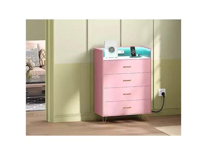 Commode en bois à 4 tiroirs intelligente avec lumières LED et station de charge | Meuble de rangement contrôlé par application avec ports USB/prises CA pour chambre, salon