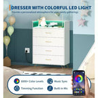 Commode en bois à 4 tiroirs intelligente avec lumières LED et station de charge | Meuble de rangement contrôlé par application avec ports USB/prises CA pour chambre, salon