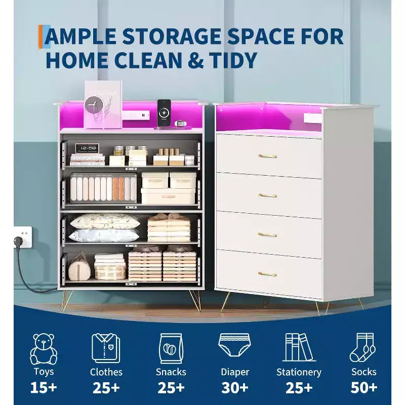 Commode en bois à 4 tiroirs intelligente avec lumières LED et station de charge | Meuble de rangement contrôlé par application avec ports USB/prises CA pour chambre, salon