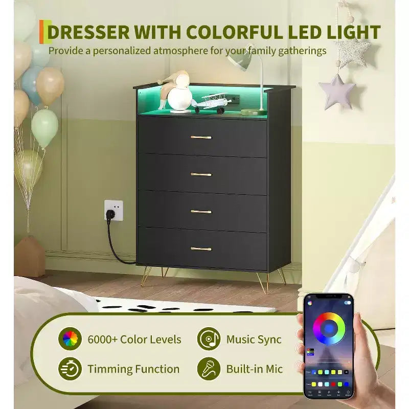 Commode en bois à 4 tiroirs intelligente avec lumières LED et station de charge | Meuble de rangement contrôlé par application avec ports USB/prises CA pour chambre, salon