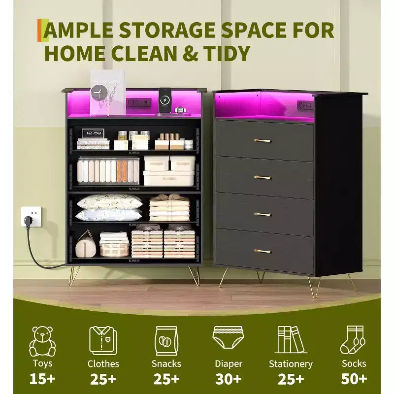 Commode en bois à 4 tiroirs intelligente avec lumières LED et station de charge | Meuble de rangement contrôlé par application avec ports USB/prises CA pour chambre, salon