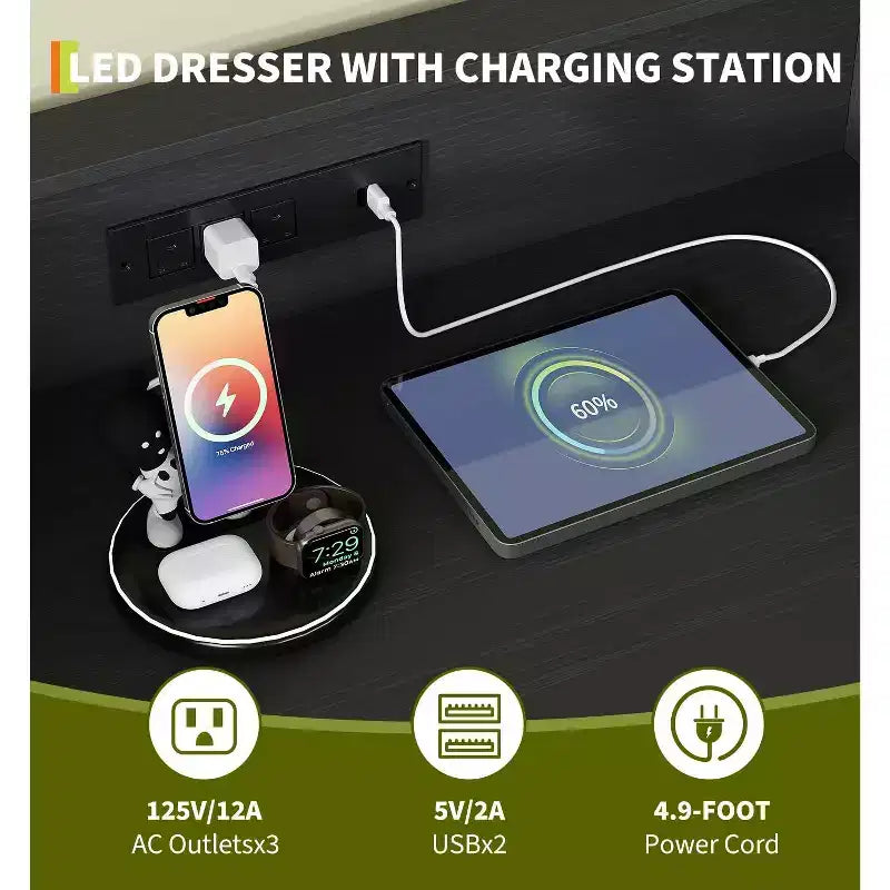 Commode en bois à 4 tiroirs intelligente avec lumières LED et station de charge | Meuble de rangement contrôlé par application avec ports USB/prises CA pour chambre, salon