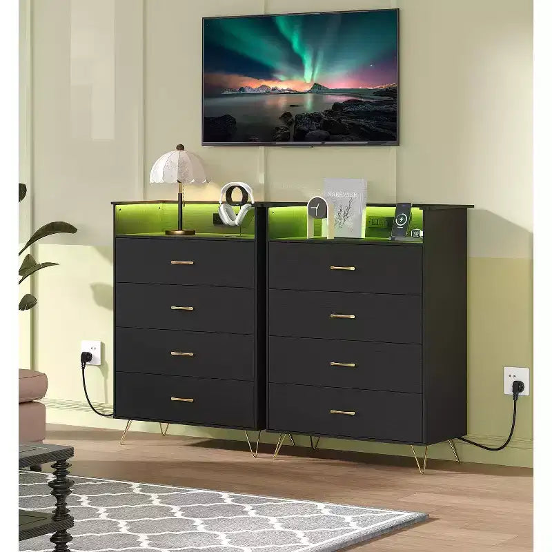 Commode en bois à 4 tiroirs intelligente avec lumières LED et station de charge | Meuble de rangement contrôlé par application avec ports USB/prises CA pour chambre, salon