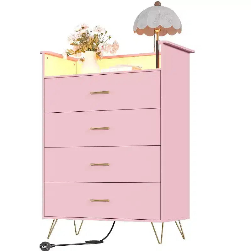 Commode en bois à 4 tiroirs intelligente avec lumières LED et station de charge | Meuble de rangement contrôlé par application avec ports USB/prises CA pour chambre, salon