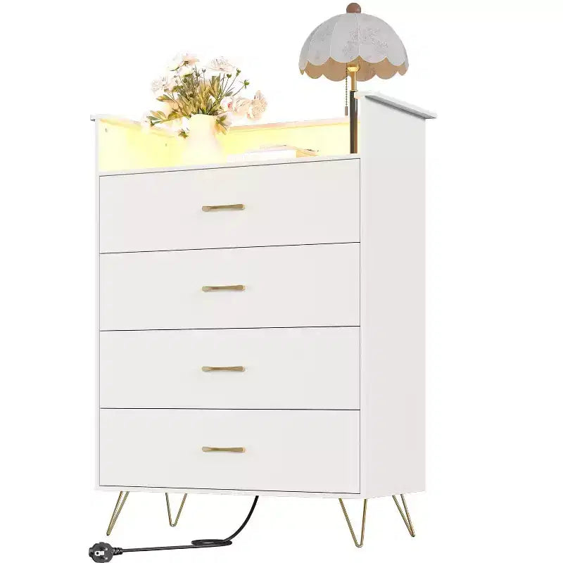 Commode en bois à 4 tiroirs intelligente avec lumières LED et station de charge | Meuble de rangement contrôlé par application avec ports USB/prises CA pour chambre, salon