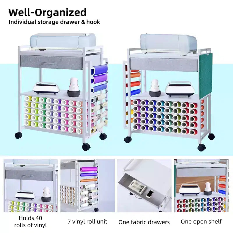 Support de rangement à roulettes pour travaux manuels, 47 emplacements, avec tiroir, support de rouleaux de vinyle et crochets pour machines Cricut et artisanat à domicile