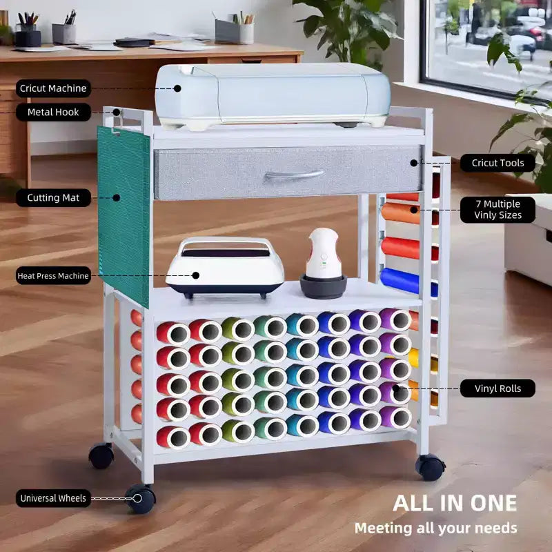 Support de rangement à roulettes pour travaux manuels, 47 emplacements, avec tiroir, support de rouleaux de vinyle et crochets pour machines Cricut et artisanat à domicile