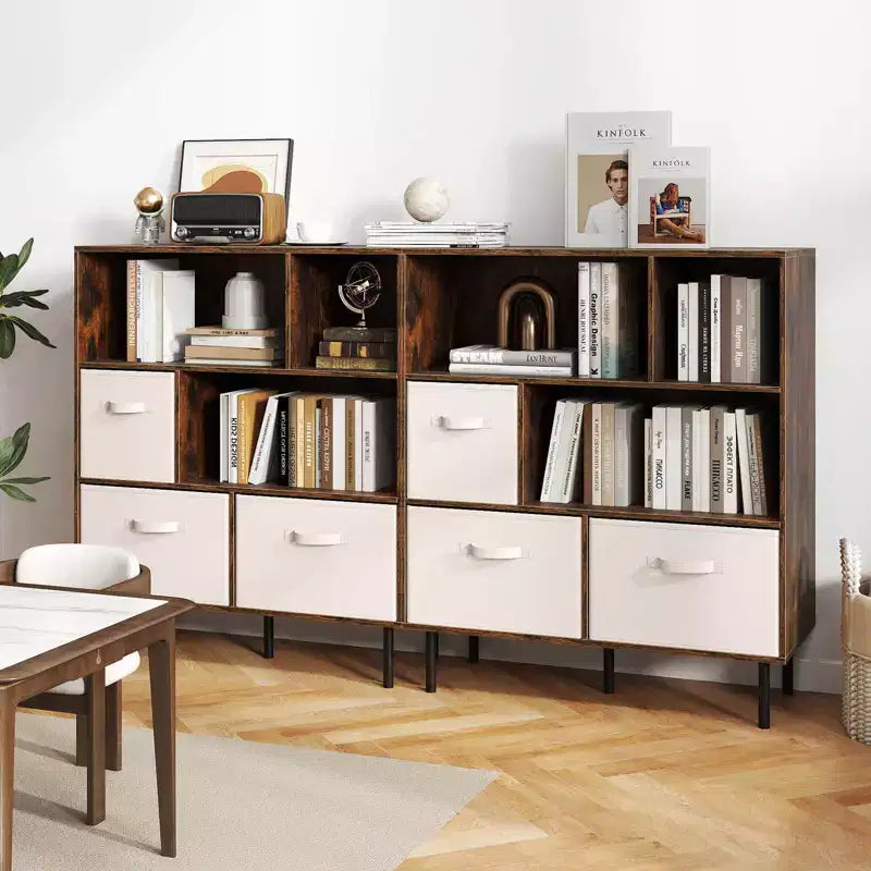 Costway Étagère 6 cubes avec 3 tiroirs en tissu pliant amovibles Pieds en métal pour salon Naturel/Blanc