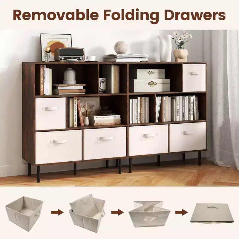 Costway Étagère 6 cubes avec 3 tiroirs en tissu pliant amovibles Pieds en métal pour salon Naturel/Blanc