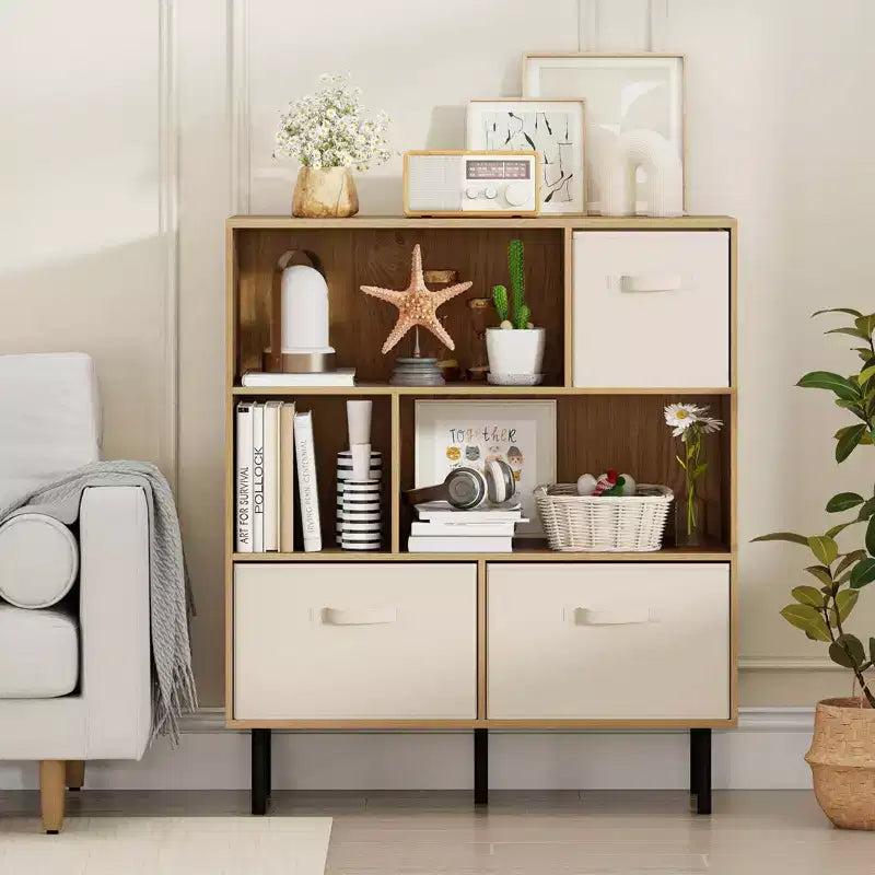 Costway Étagère 6 cubes avec 3 tiroirs en tissu pliant amovibles Pieds en métal pour salon Naturel/Blanc