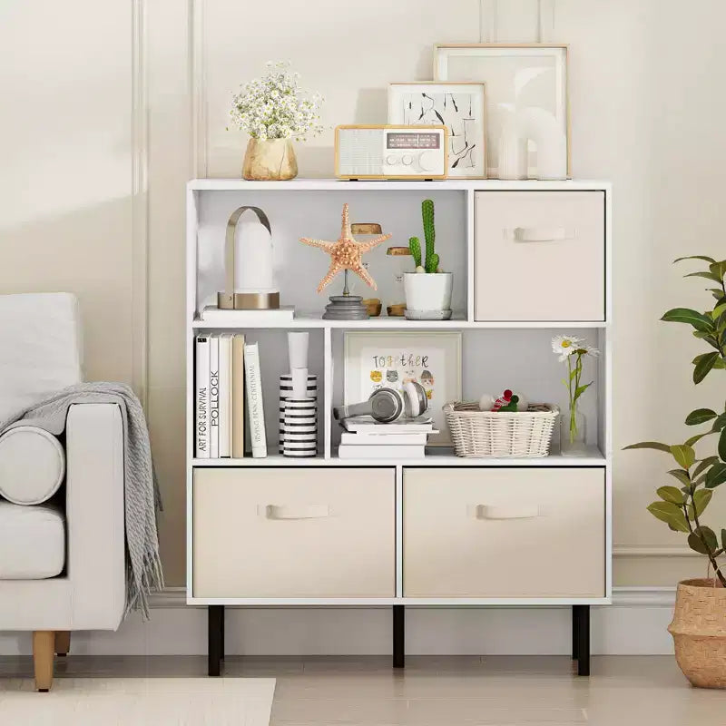 Costway Étagère 6 cubes avec 3 tiroirs en tissu pliant amovibles Pieds en métal pour salon Naturel/Blanc