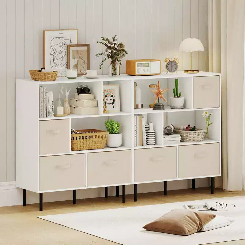 Costway Étagère 6 cubes avec 3 tiroirs en tissu pliant amovibles Pieds en métal pour salon Naturel/Blanc