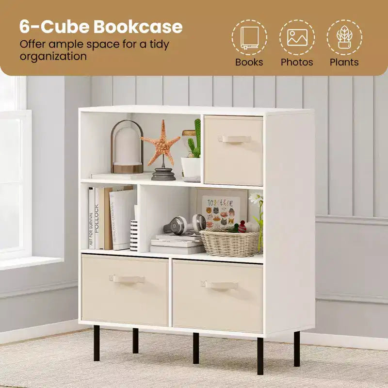 Costway Étagère 6 cubes avec 3 tiroirs en tissu pliant amovibles Pieds en métal pour salon Naturel/Blanc