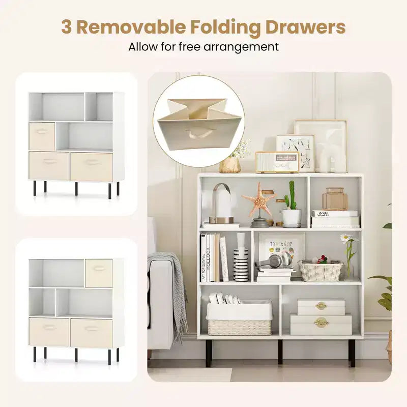 Costway Étagère 6 cubes avec 3 tiroirs en tissu pliant amovibles Pieds en métal pour salon Naturel/Blanc
