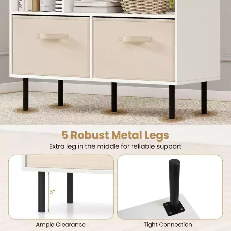 Costway Étagère 6 cubes avec 3 tiroirs en tissu pliant amovibles Pieds en métal pour salon Naturel/Blanc