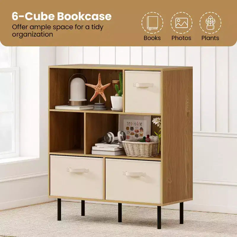 Costway Étagère 6 cubes avec 3 tiroirs en tissu pliant amovibles Pieds en métal pour salon Naturel/Blanc