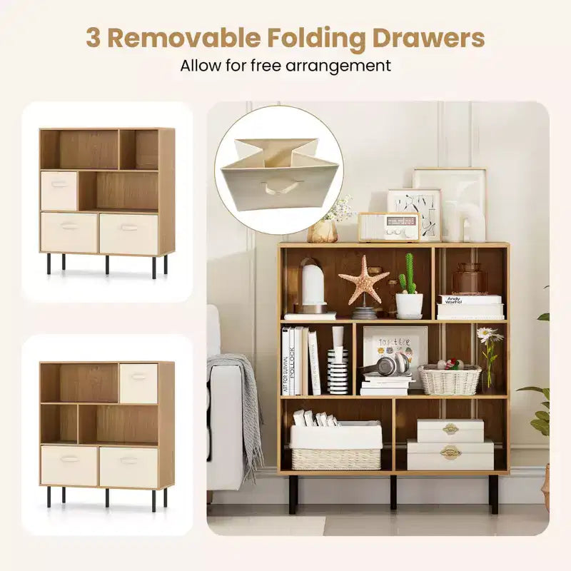 Costway Étagère 6 cubes avec 3 tiroirs en tissu pliant amovibles Pieds en métal pour salon Naturel/Blanc