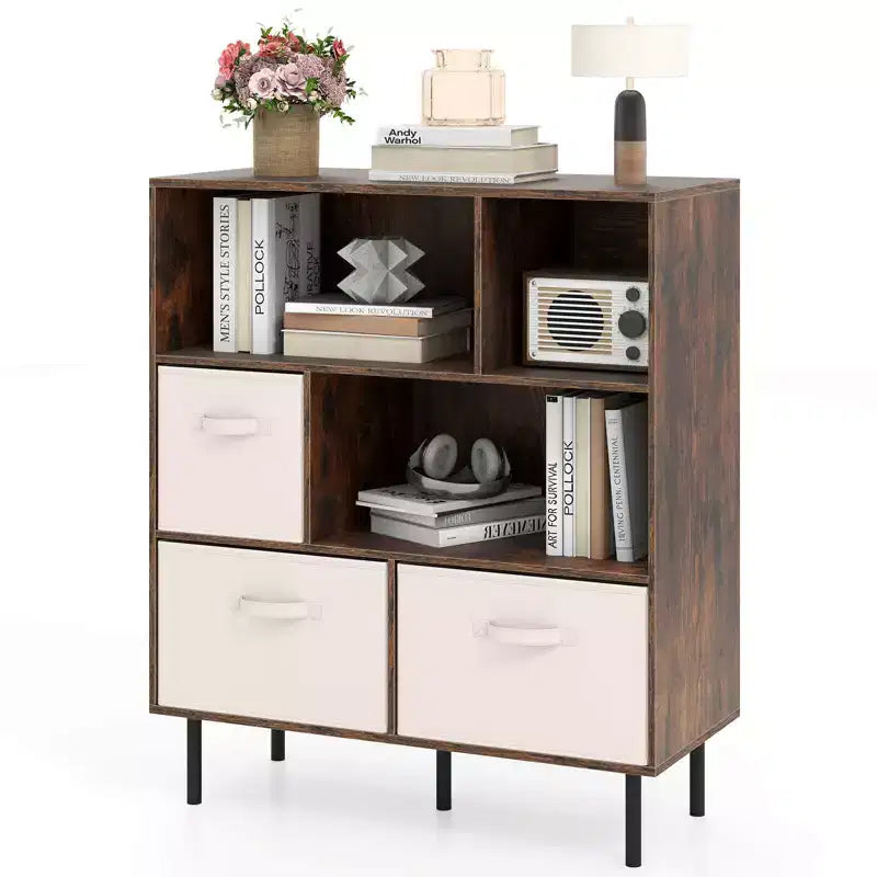 Costway Étagère 6 cubes avec 3 tiroirs en tissu pliant amovibles Pieds en métal pour salon Naturel/Blanc