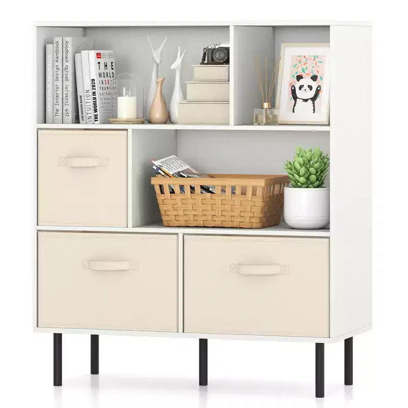 Costway Étagère 6 cubes avec 3 tiroirs en tissu pliant amovibles Pieds en métal pour salon Naturel/Blanc