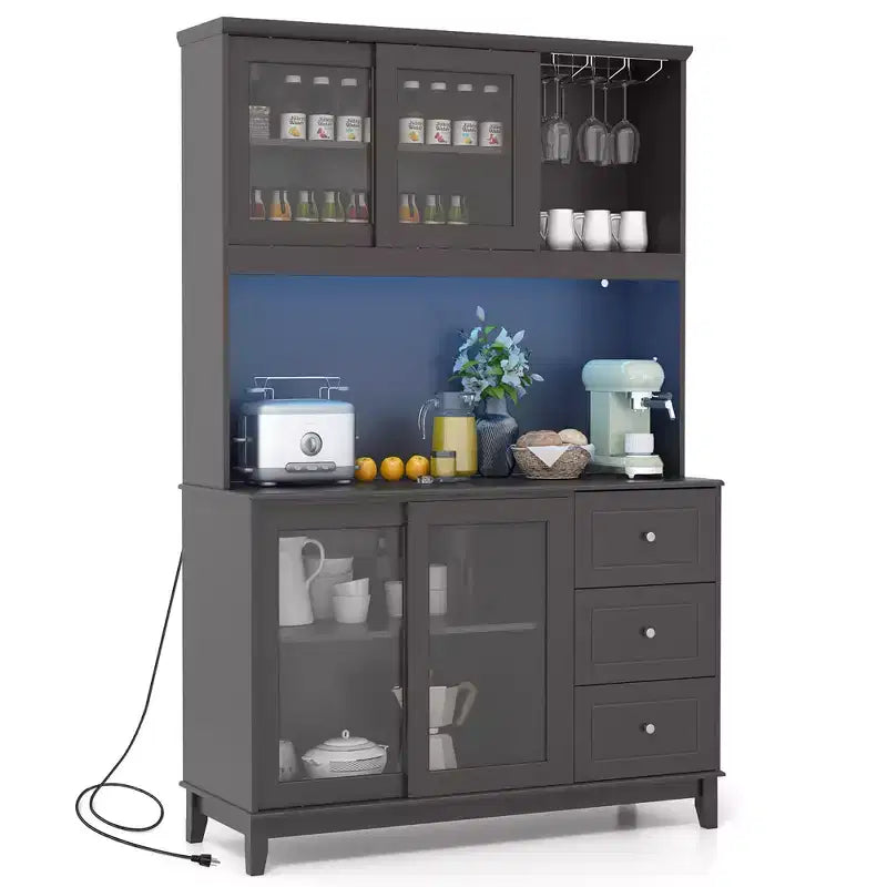 Meuble de rangement de cuisine Costway, armoire de cuisine avec lumières LED et prise de courant, marron foncé
