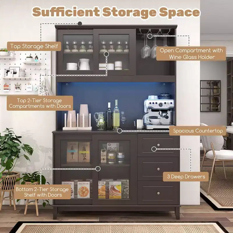 Meuble de rangement de cuisine Costway, armoire de cuisine avec lumières LED et prise de courant, marron foncé