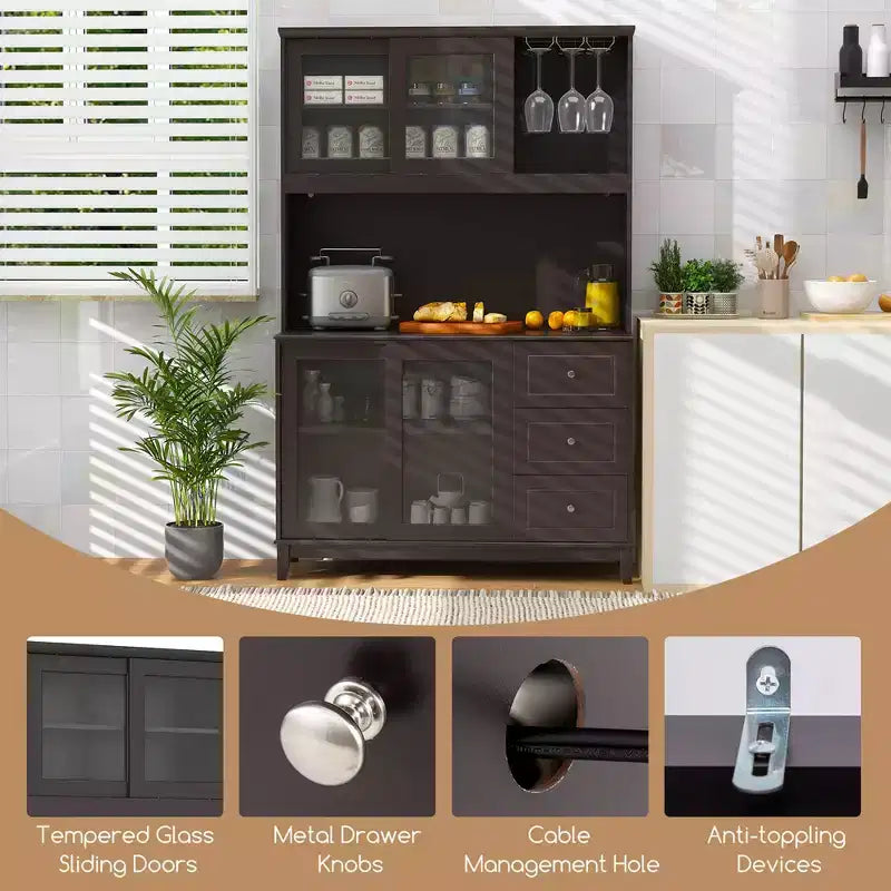 Meuble de rangement de cuisine Costway, armoire de cuisine avec lumières LED et prise de courant, marron foncé
