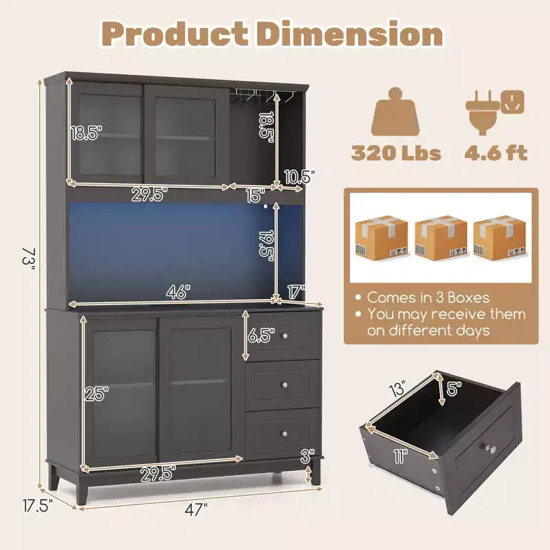 Meuble de rangement de cuisine Costway, armoire de cuisine avec lumières LED et prise de courant, marron foncé