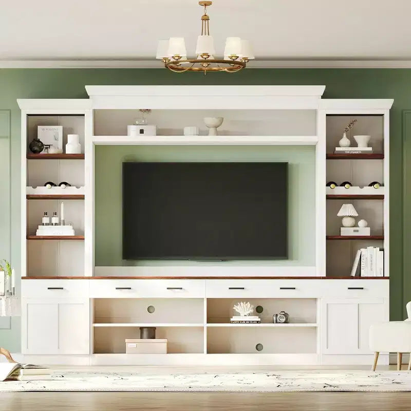 Meuble TV mural avec pont pour téléviseur de 70 pouces, grand meuble console multimédia du milieu du siècle avec bibliothèque et étagères réglables