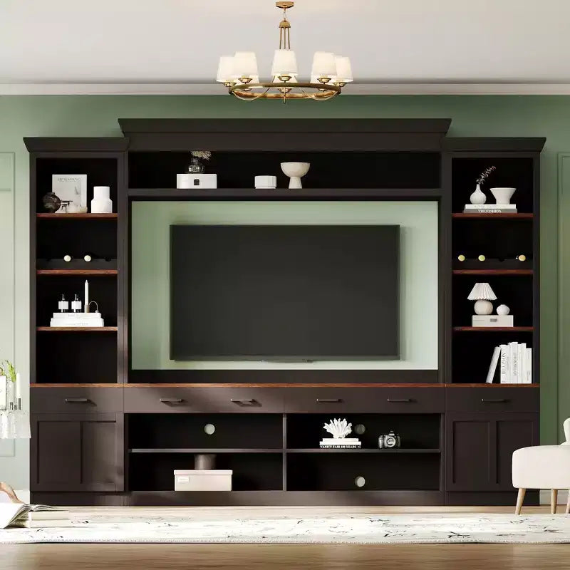 Meuble TV mural avec pont pour téléviseur de 70 pouces, grand meuble console multimédia du milieu du siècle avec bibliothèque et étagères réglables
