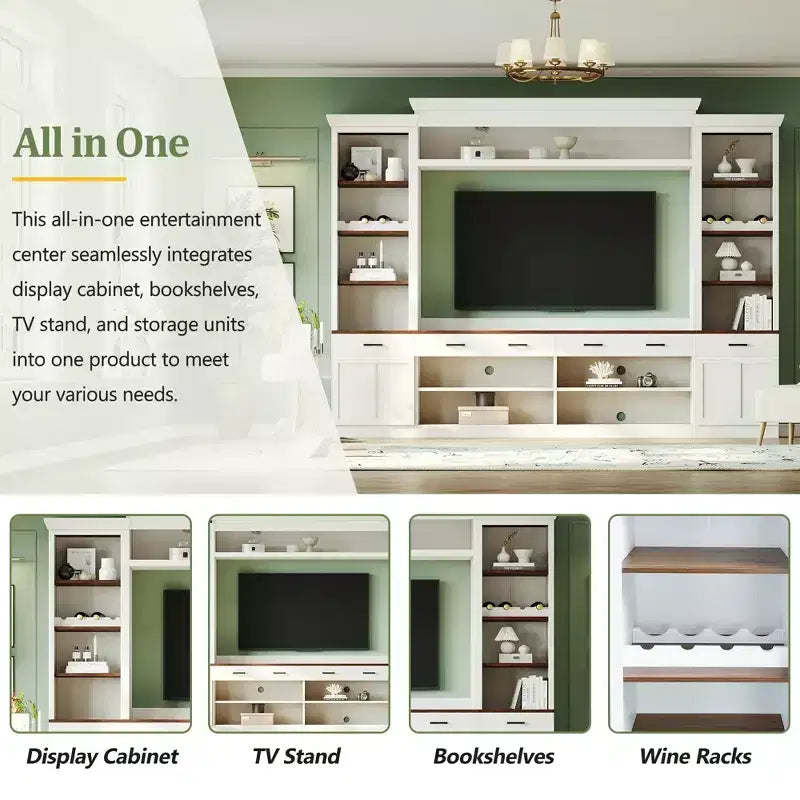 Meuble TV mural avec pont pour téléviseur de 70 pouces, grand meuble console multimédia du milieu du siècle avec bibliothèque et étagères réglables