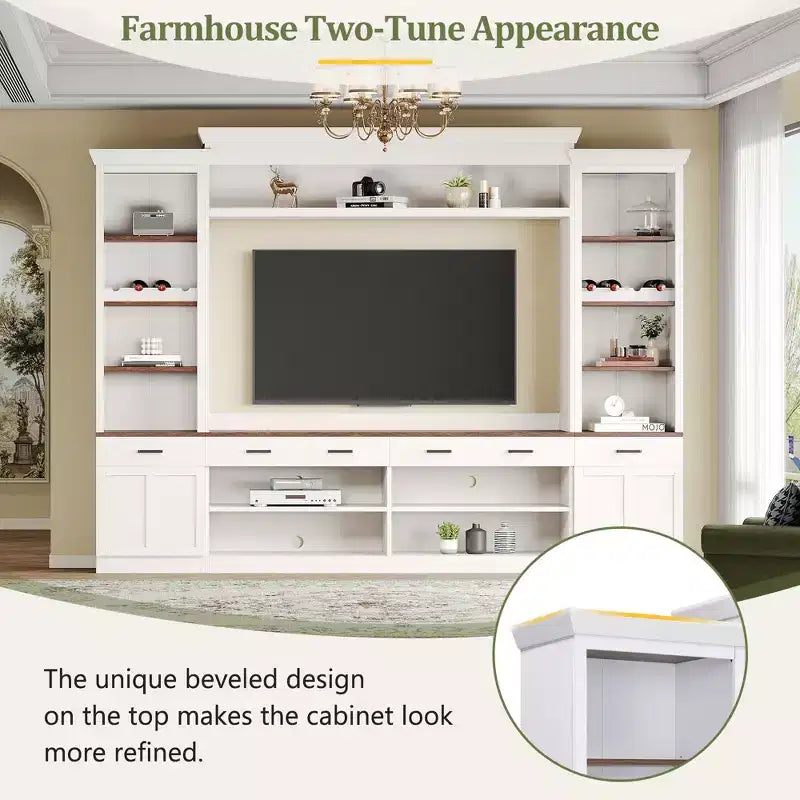 Meuble TV mural avec pont pour téléviseur de 70 pouces, grand meuble console multimédia du milieu du siècle avec bibliothèque et étagères réglables