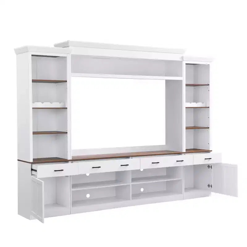 Meuble TV mural avec pont pour téléviseur de 70 pouces, grand meuble console multimédia du milieu du siècle avec bibliothèque et étagères réglables