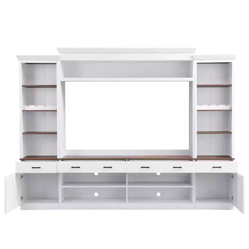Meuble TV mural avec pont pour téléviseur de 70 pouces, grand meuble console multimédia du milieu du siècle avec bibliothèque et étagères réglables