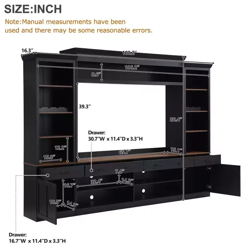 Meuble TV mural avec pont pour téléviseur de 70 pouces, grand meuble console multimédia du milieu du siècle avec bibliothèque et étagères réglables