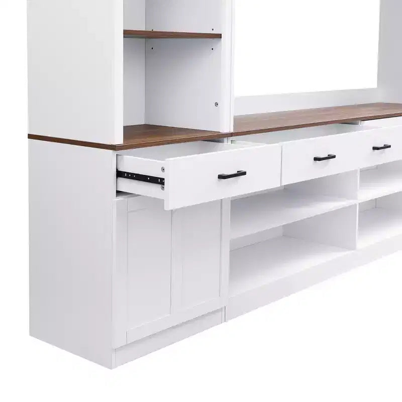 Meuble TV mural avec pont pour téléviseur de 70 pouces, grand meuble console multimédia du milieu du siècle avec bibliothèque et étagères réglables