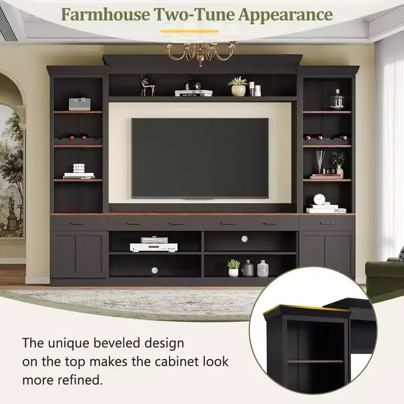 Meuble TV mural avec pont pour téléviseur de 70 pouces, grand meuble console multimédia du milieu du siècle avec bibliothèque et étagères réglables