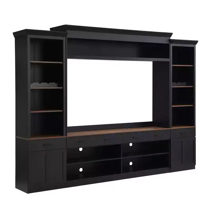 Meuble TV mural avec pont pour téléviseur de 70 pouces, grand meuble console multimédia du milieu du siècle avec bibliothèque et étagères réglables