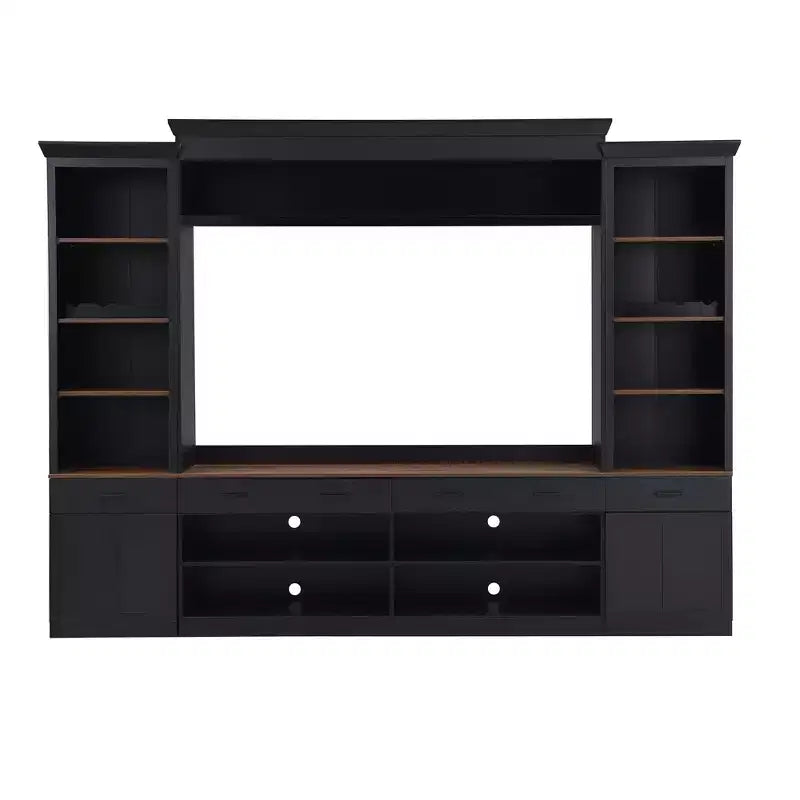 Meuble TV mural avec pont pour téléviseur de 70 pouces, grand meuble console multimédia du milieu du siècle avec bibliothèque et étagères réglables
